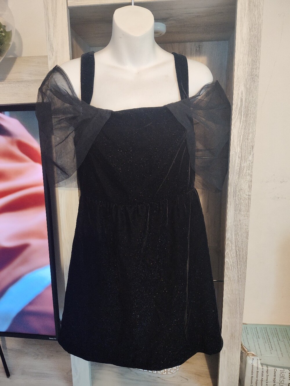 O.P.T Black Sparkle Velvet Mini Dress with Sheer Puff Sleeves SZ S New With Tags